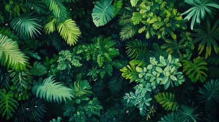 Wall Mural - a lush green jungle with many leaves and plants. the image has a serene and peaceful mood, as it dep