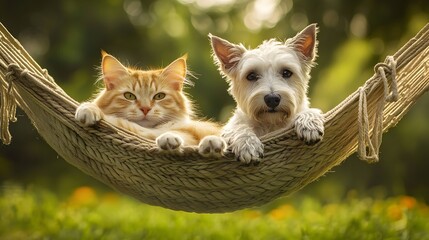 Cat and Dog in a Hammock: A cat and dog relaxing in a hammock together, swaying gently in the breeze. 
