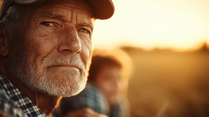 A serene rural scene depicting an elderly man in a cap and a child sharing a quiet moment at sunset, capturing the essence of calm and familial bonding in nature.