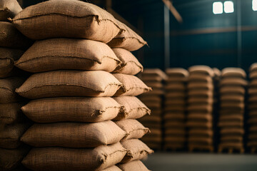 Poster - Burlap Sacks Filled with Harvested Grains Stacked | Organic Farming and Grain Storage