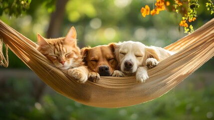 Cat and Dog in a Hammock: A cat and dog relaxing in a hammock together, swaying gently in the breeze. 
