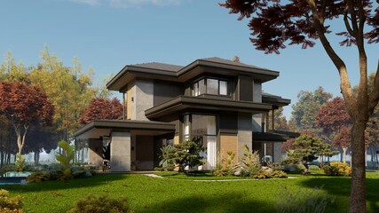 Wall Mural - 4K video rendering of modern two story house with gray and wood accents, large windows for sale or rent in luxurious style Clear sunny autumn day with golden leaves anywhere