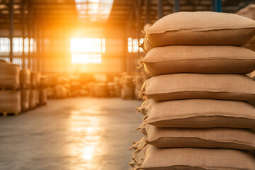 Canvas Print - Burlap Sacks Filled with Harvested Grains Stacked | Organic Farming and Grain Storage