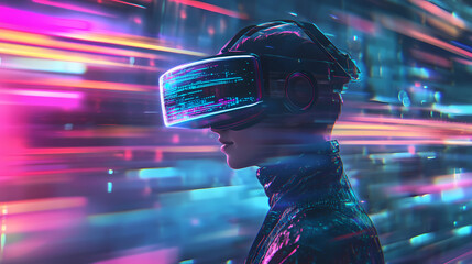 Wall Mural - A futuristic representation of a person using virtual reality technology with vibrant lighting and digital effects in the background. Virtual Reality. Illustration