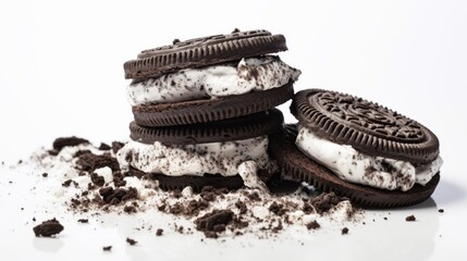 Sweet cream-filled chocolate sandwich biscuits with crumbs, displayed on a white surface.