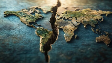 Wall Mural - a world map with a large crack in it. the crack is in the middle of the map and is very wide