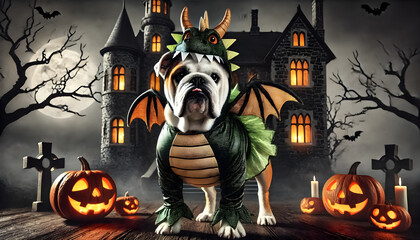 Wall Mural - Bulldog in a dragon costume standing in front of a spooky castle.