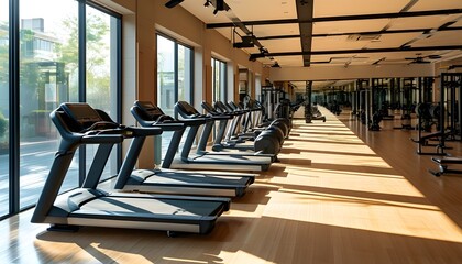 Bright and spacious modern gym featuring treadmills and weight machines promoting fitness and healthy lifestyle