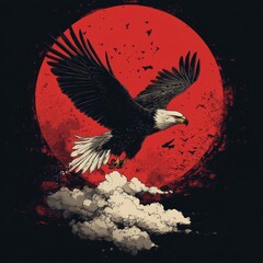 Wall Mural - An eagle soaring against a red moon with clouds below.