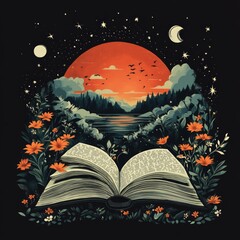 Wall Mural - An open book surrounded by vibrant nature and a sunset backdrop.