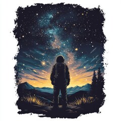 Wall Mural - Astronaut gazing at a starry sky over mountains at sunset.