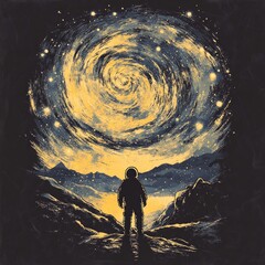 Canvas Print - Astronaut gazing at a swirling galaxy in a cosmic landscape.