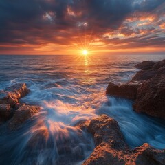 Wall Mural - Beautiful sunset over rocky coastline with waves crashing.