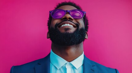 A man wearing a dark suit and a white shirt stands against a vibrant pink background, creating a striking and contrasting visual in a formal attire setup.