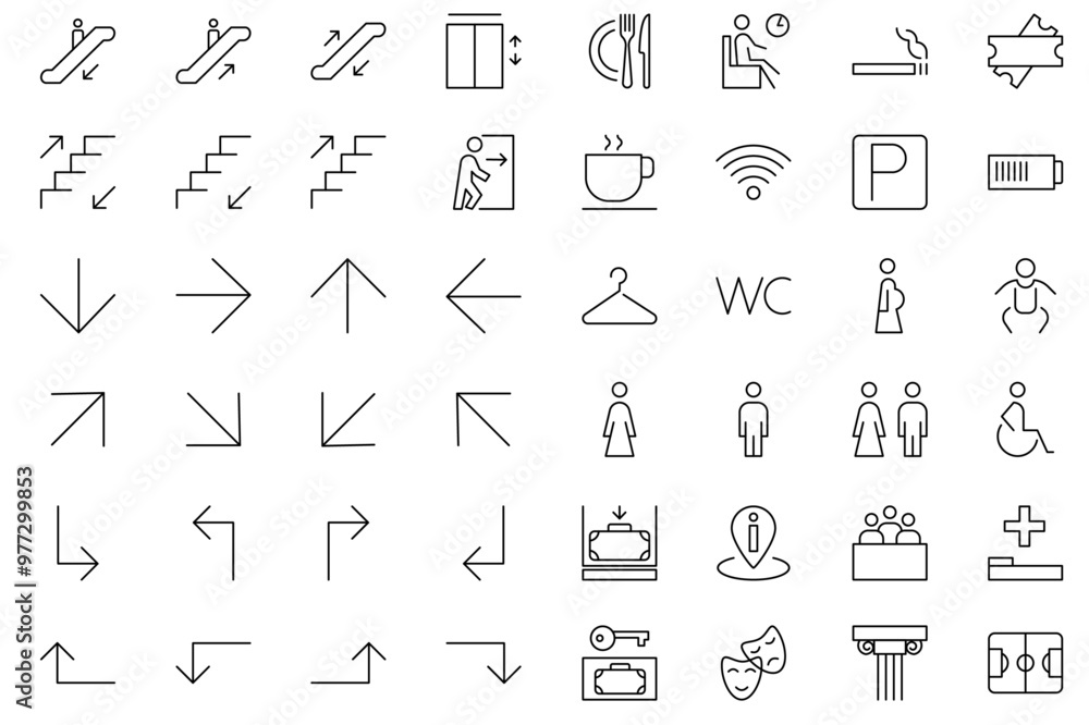 Wayfinding icons set. Toilet or wc sign. Line icons navigation arrows ...