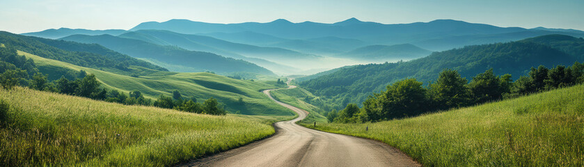 Wall Mural - Winding road through lush green hills under a clear blue sky with distant mountains, creating a serene and picturesque landscape.