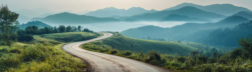 Wall Mural - Serene winding road through lush green landscape with majestic mountains in the distance under a misty morning sky.