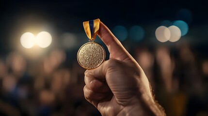 Wall Mural - Victorious Hand Holding a Gold Medal: A close-up of a hand triumphantly holding a shiny gold medal, with a blurred crowd cheering in the background. 
