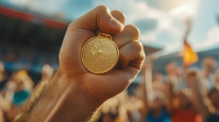 Wall Mural - Victorious Hand Holding a Gold Medal: A close-up of a hand triumphantly holding a shiny gold medal, with a blurred crowd cheering in the background. 
