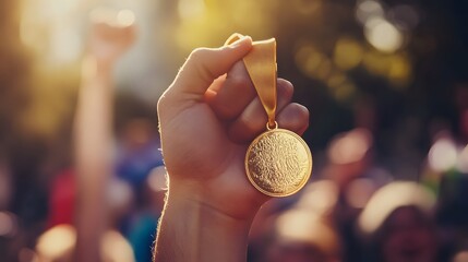 Wall Mural - Victorious Hand Holding a Gold Medal: A close-up of a hand triumphantly holding a shiny gold medal, with a blurred crowd cheering in the background. 
