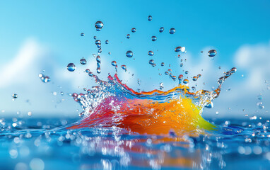 Vibrant multicolored splash in clear blue water with a bright sky backdrop, capturing the dynamic beauty of liquid motion and color play.