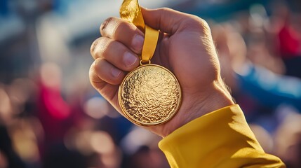 Wall Mural - Victorious Hand Holding a Gold Medal: A close-up of a hand triumphantly holding a shiny gold medal, with a blurred crowd cheering in the background. 
