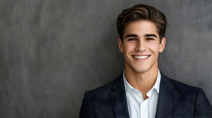 Wall Mural - Portrait of a smiling man in a suit against a gray background