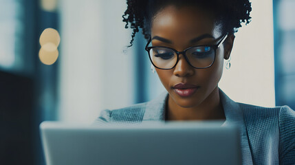 Young professional woman in business casual attire intensely reviewing a project on a laptop with a focused expression.  ideal for representing modern office work and professional commitment.