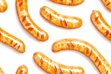 Bavarian sausages on white. Stylish snack endless texture wallpaper design. Nutrition lunch.