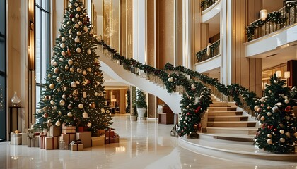 Elegant holiday luxury in a grand hotel lobby adorned with a towering Christmas tree, exquisite decorations, and a majestic staircase celebrating the festive season