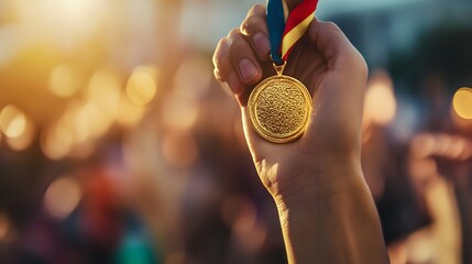 Wall Mural - Victorious Hand Holding a Gold Medal: A close-up of a hand triumphantly holding a shiny gold medal, with a blurred crowd cheering in the background. 
