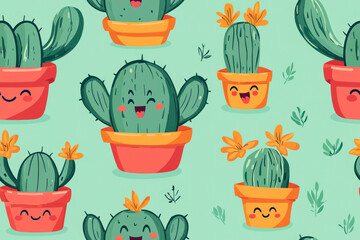 Seamless pattern cactus emotions poses succulents.