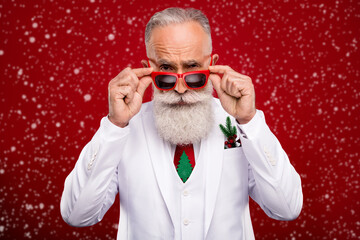 Sticker - Photo of pretty confident age gentleman wear new year costume arms dark eyewear isolated red color background