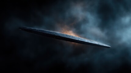 A spaceship's top view shows its thin, elongated form as it navigates through a dense foggy space area, with a warm glow illuminating its back.