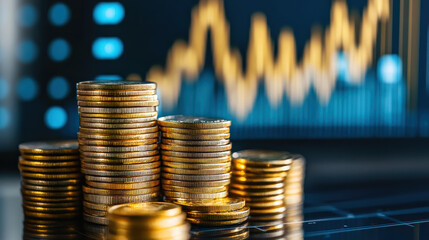 Stacks of golden coins against a background of a fluctuating stock market chart, representing financial growth, investment, and economic success.