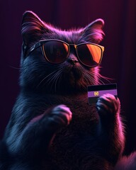 Wall Mural - black cat in sunglasses holding a credit card