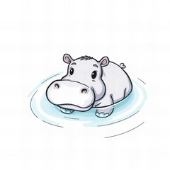 Wall Mural - cartoon hippo in the water with a white background.