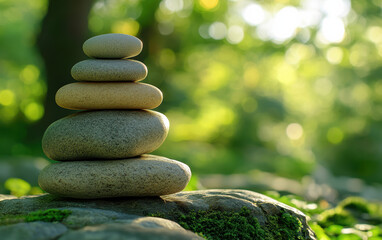 Stacked pebbles in a tranquil forest setting, symbolizing balance and harmony in nature with a soft morning light enhancing the peaceful ambiance.