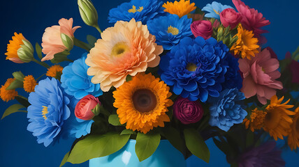 high quality a bouquet of colorful flowers on blue background illustration design.