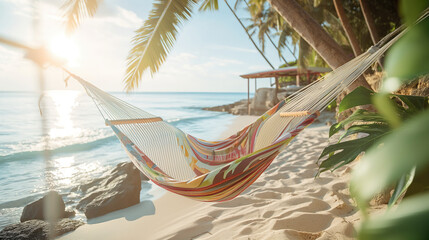 A colorful hammock on a white sandy beach with palm trees and a serene ocean in the background, sun shining brightly.