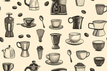 Stylish illustrative coffee pattern. Cups, spoons, coffee makers, coffee beans. Brown drawn seamless pattern.