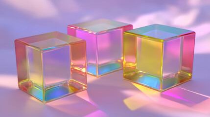 Wall Mural - vibrant glass cubes with colorful reflections on a soft purple surface, creating a mesmerizing play 