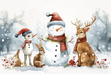 A charming watercolor illustration of a snowman, penguin, rabbit, and deer wearing scarves, celebrating winter in a snowy landscape.