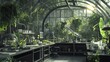 © Valentyna Prudnikova - Lush botanical laboratory in a glass greenhouse: scientific equipment and verdant plants coexist in a sunlit, arched structure, creating an atmospheric blend of nature and technology.