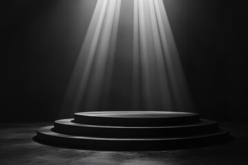 Wall Mural - Dramatic spotlight on an empty circular podium in a dark room, creating an atmosphere of anticipation and focus, ideal for presentations or minimalist design.