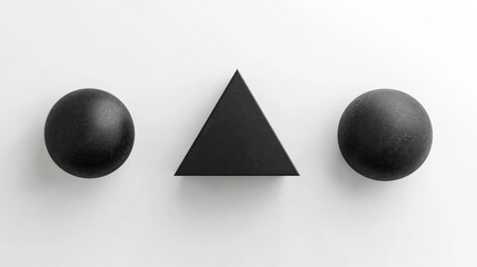 Wall Mural - minimalistic composition featuring two black spheres and a black triangle on a white background, sho