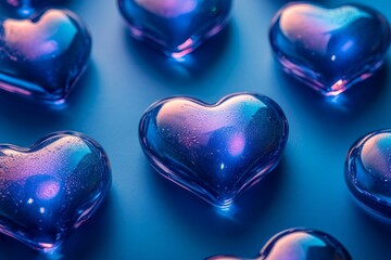 Sticker - Colorful glass hearts with reflections and droplets on a surface.