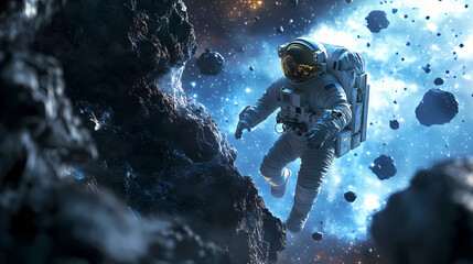 Wall Mural - astronauts with spaceship exploring an asteroid in space generative ai. space exploration. illustrat