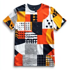 Colorful graphic t-shirt with abstract patterns and shapes.