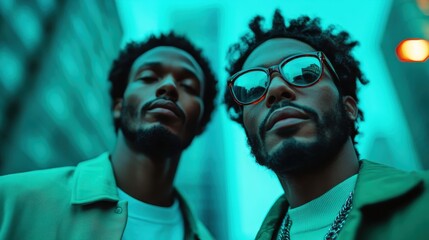 Two confident men in fashionable attire pose against an urban backdrop, showcasing cool street style and contemporary vibes with dynamic lighting.